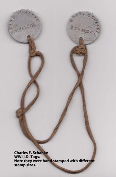 dog tags from WW1 uniform of Charlie Schanke