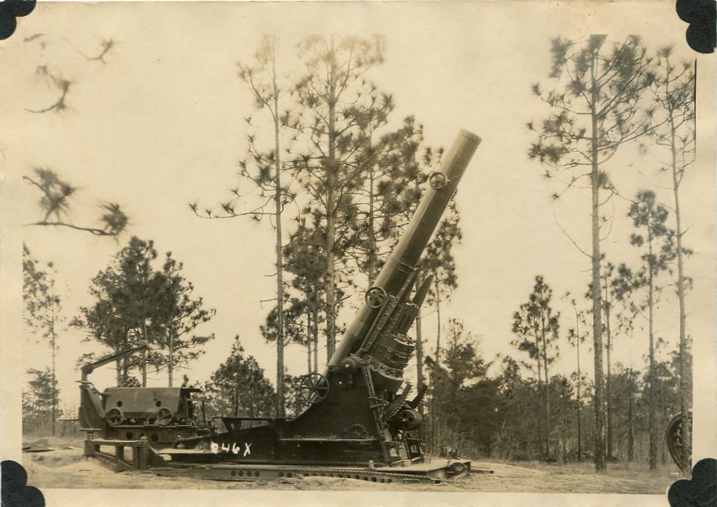 Photograph of a U.S. Army 240mm howitzer, with its barrel raised up, amid a stand of trees at Fort Bragg, N.C., around the 1920s [circa 1920s].