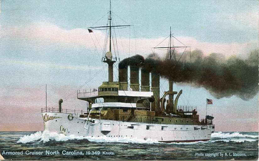 NAVYPicture postcard of a view of the U.S. Navy cruiser ship the North Carolina (ACR-12), at sale during the 1910s