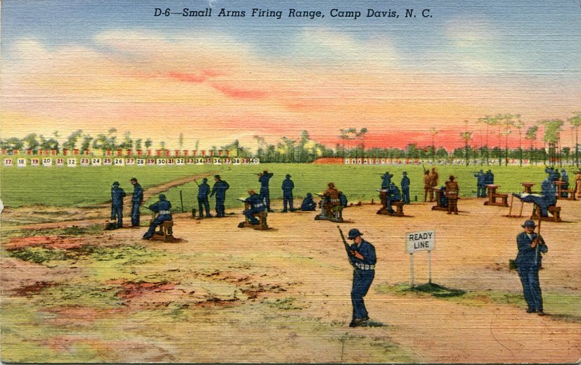 Linen postcard of U.S. Army soldiers on the small arms firing range at Camp Davis, N.C., during World War II [circa 1940s] [Postcard by: Curt Teich and Company, Chicago, Illinois, and Service News Company, Wilmington, N.C.].