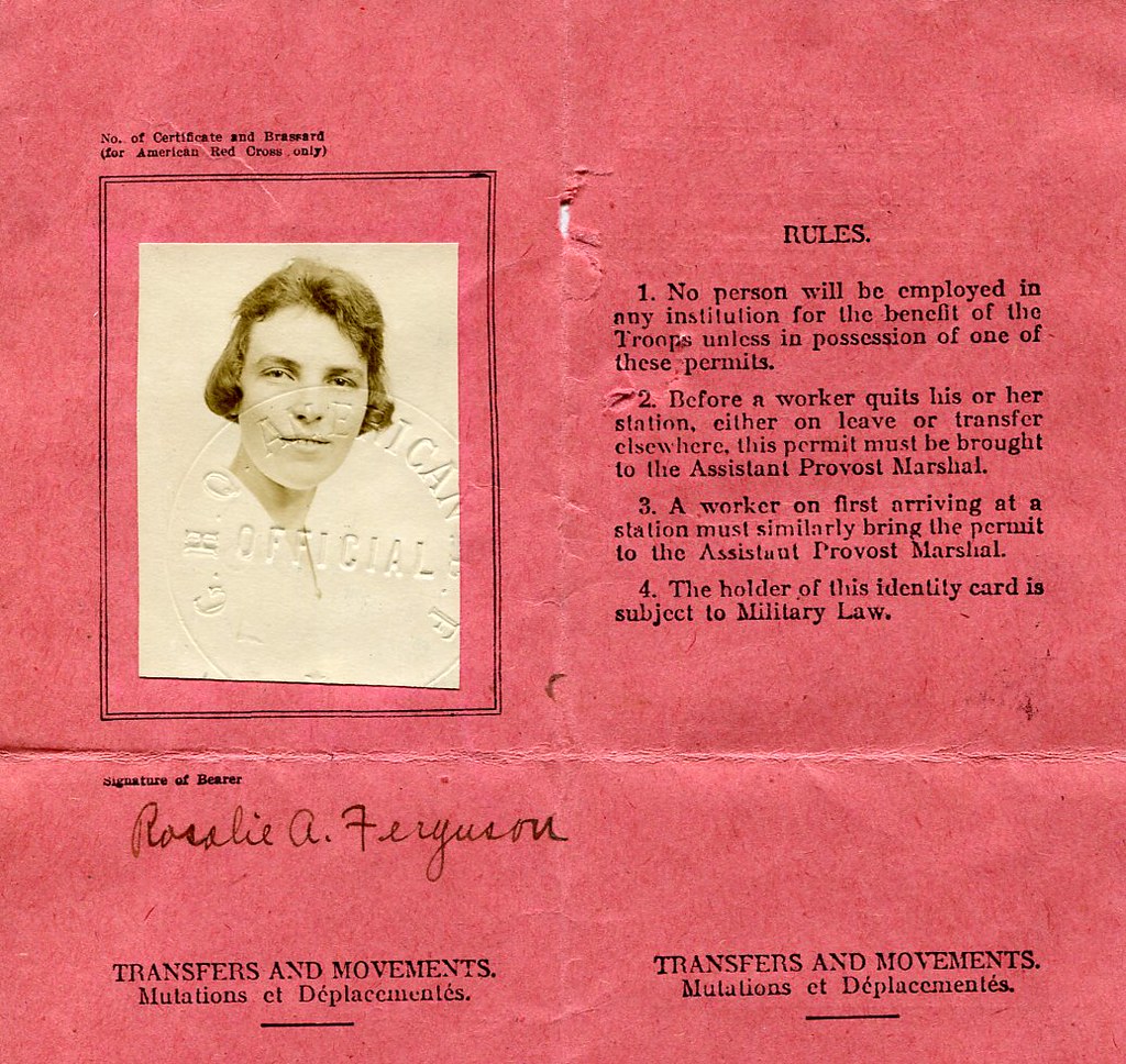 Rosalie A. Ferguson’s original American Expeditionary Forces military nurse pass for France in January 1919, with her official studio portrait.